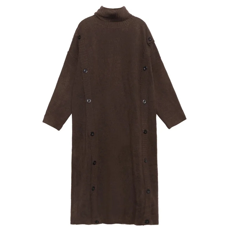 Coffee QING MO Black Gray Red Coffee Women Turtleneck Sweater Dress Women Winter Knitted Dress Streetwear Loose Dress ZQY2502 - Цвет: Coffee