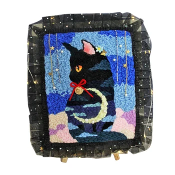 

DIY Knitting Wool Rug Hooking Kit Handcraft Woolen Embroidery Gift Wooden Frame Poke Needle Bracket Light String - Cat Forest