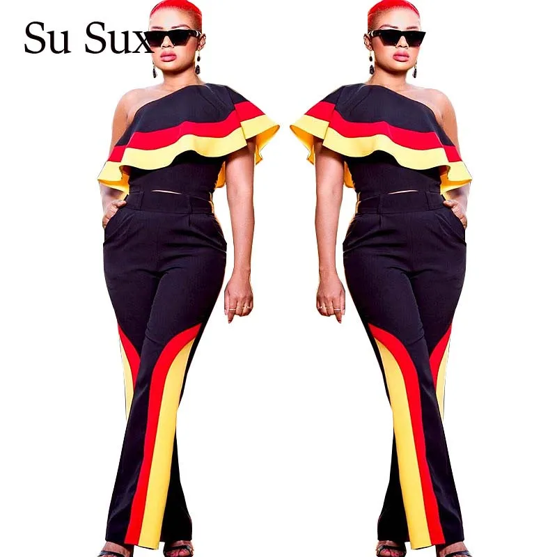 

Casual Two Piece Set Women Ruffles Suits Tracksuit Striped Printed Sleeveless Tops&High Waist Long Pants Set Outfits African