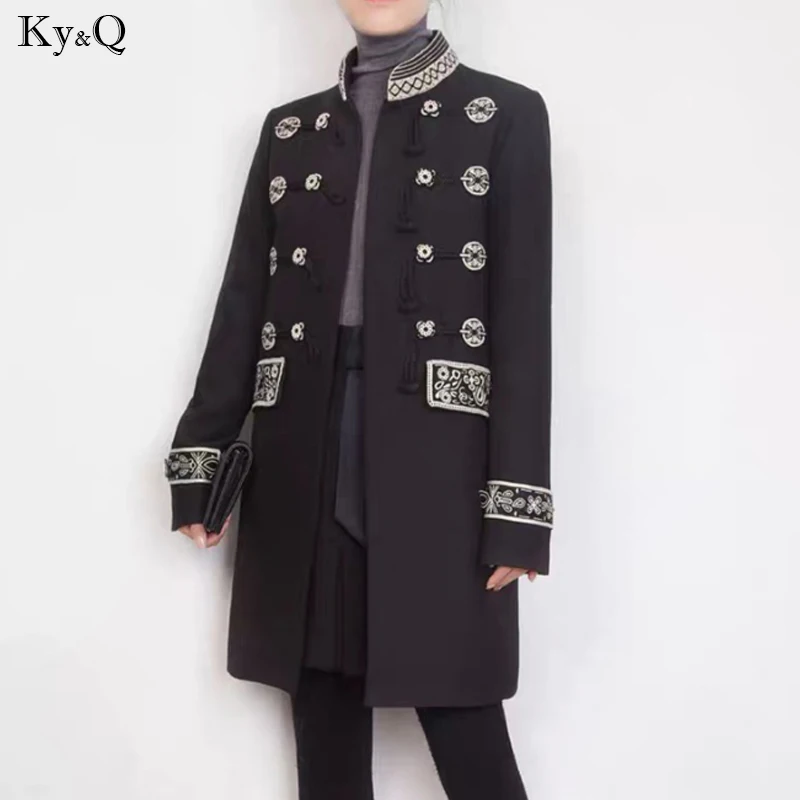 

2019 women brands designer autumn new retro navy style collar heavy industrial embroidery middel long windbreaker jacket