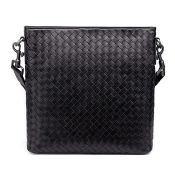 

Genuine Cowhide Leather Woven Single Shoulder Bag Handmade Men' s Vertical Business Bag for iPad Cash Card Cell Phone Car Key