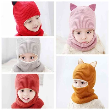 

Kids Winter Warm Knitted Beanies Caps Hood Scarf Girls Fleece Balaclava Hat Ears CWW9129