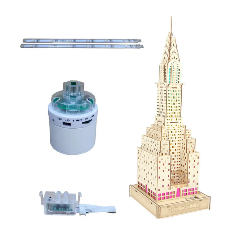 

Decoration Gift Educational 3D Assembled Wooden Toys Colorful Light the Chrysler Building "+ Bluetooth Loudspeaker Box