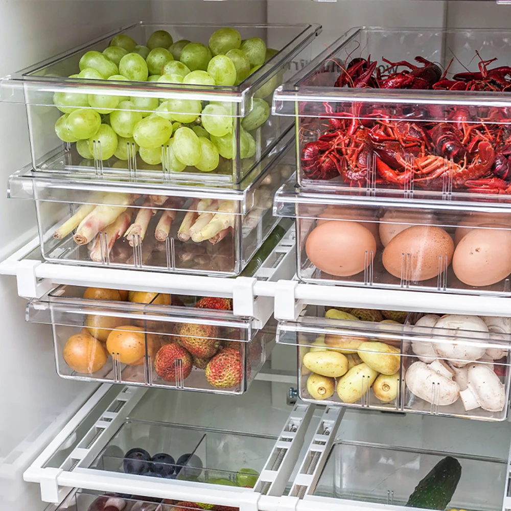 Bajo costo Organizador transparente para refrigerador de cocina, caja de almacenamiento con compartimento, cajón de nevera, contenedores de almacenamiento qxQKMDWKwDM