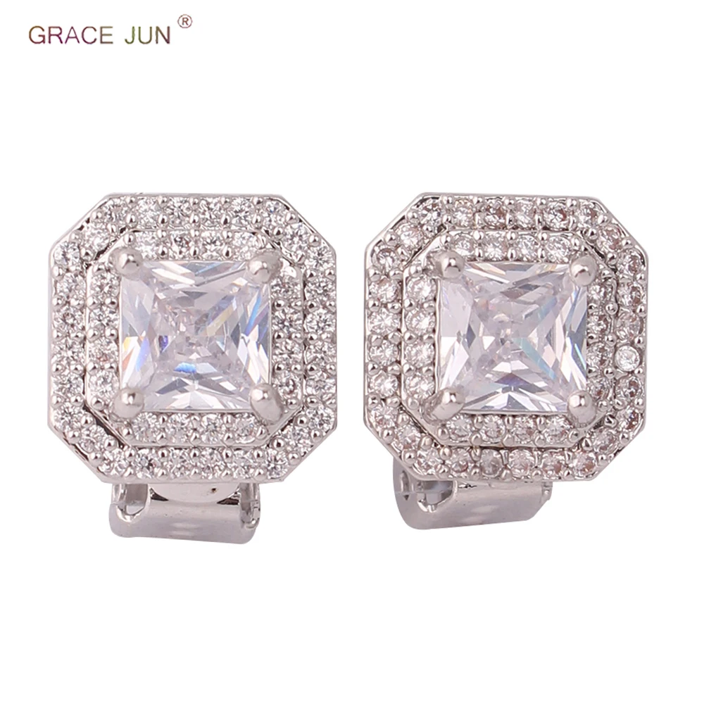 GRACE JUN AAA Cubic Zircon Material Square Clip on Earrings No Pierced for Women Hypo-Allergenic Ear Clip Earrings ear clip clip earrings ear clip earrings