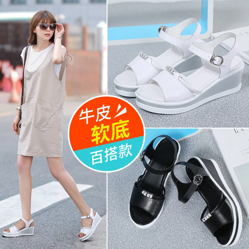 

2019 Summer New Style Man-made Diamond Platform Sandals Genuine Leather Slanted Heel Thick Bottomed Women's Students Sandals Wom