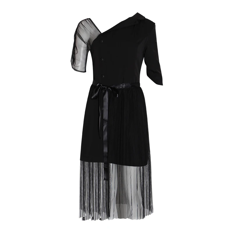 TWOTWINSTYLE лоскутное Сетчатое платье для женщин асимметричный воротник с высокой талией кружевные платья женские летние негабаритные модные