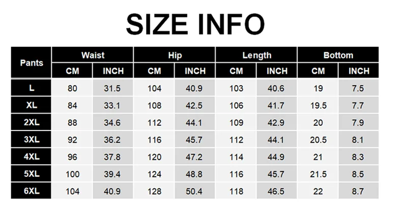 Erinevate suurustega meeste matkapükste mõõdutabel, hõlmates vöö, puusa, pikkuse ja sääre alumise osa mõõdud sentimeetrites ja tollides.