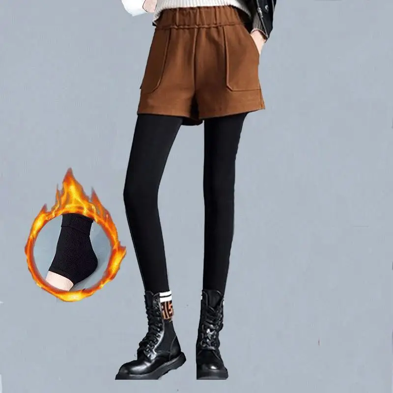 Женские теплые обтягивающие штаны из флиса осень-зима, бархатная юбка+ длинные брюки, имитация двух частей, утепленные леггинсы E122 - Цвет: caremel color