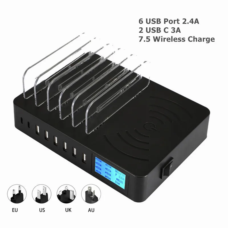 50 Вт мульти 6USB зарядное устройство настольное Qi Беспроводное Pad LED дисплей