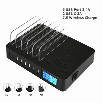 

50W Multi 6USB Charger Desktop Qi Wireless Charger Pad LED Display Universal For iPhone Samsung Charging Station Base Holder