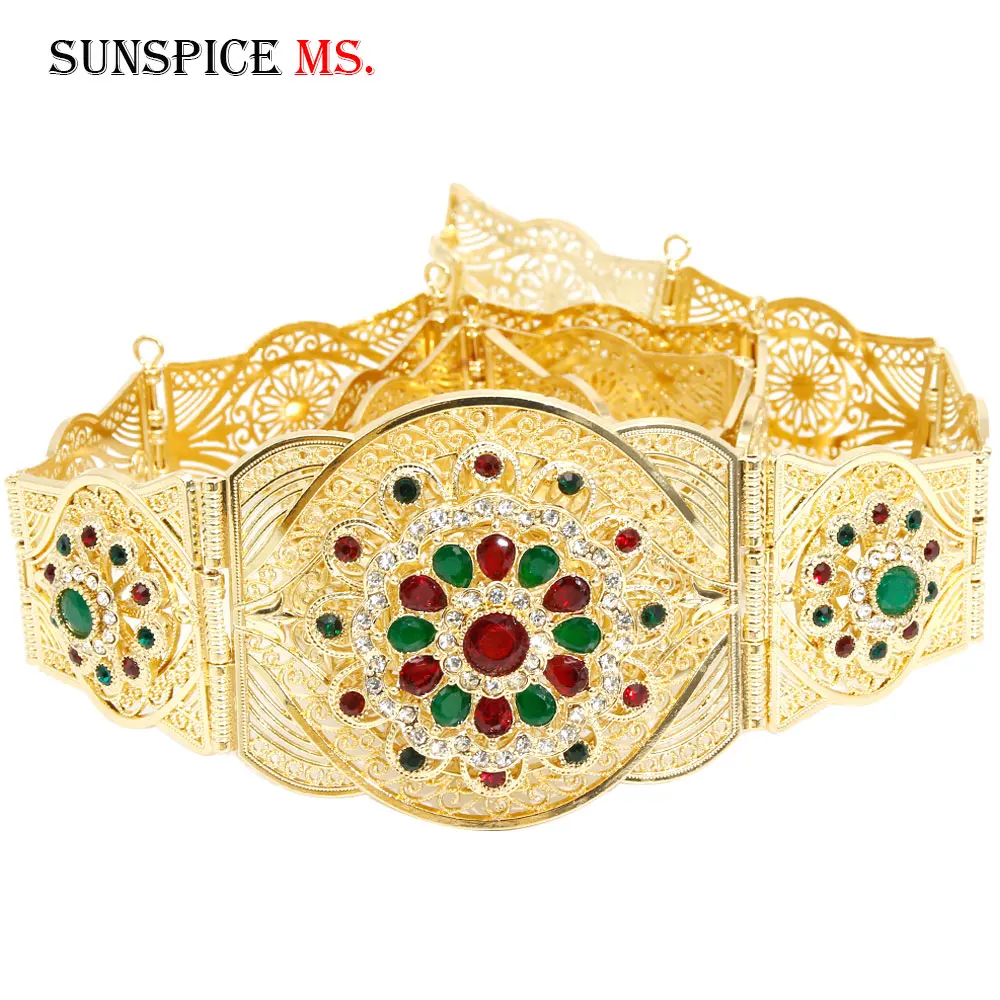 beltA003green SUNSPICE-MS maroc caftan пояс золотого цвета для женщин этнические Свадебные украшения металлическая позолота Талия цепь Регулируемая длина Дубай bijoux - Окраска металла: beltA003green