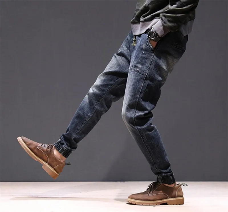 Осенние и зимние новые джинсы Мужские Молодежные с эластичным поясом в японском стиле ретро свободные прямые шаровары больше размеров 28-40 42