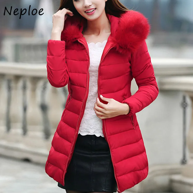 Neploe Simple Slim Fit Hooded Fur Collar Winter Women Jacket All-match Mid-length Cotton Coat Solid Color Double Pockets Parkas | Женская