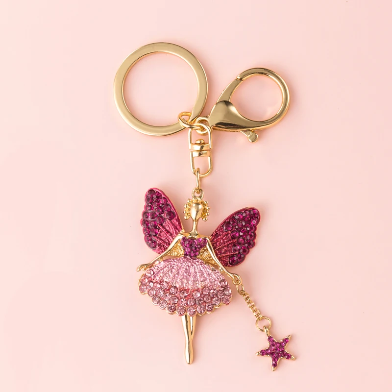 Crystal Angel Rhinestone Inlaid Metal Keychain Pink Green Creative Pendant Bag Car Keyring Jewelry Lanyard Accessory Girl Gift