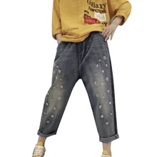 Зимние женские джинсовые штаны с вышитыми цветами, зимние женские джинсы с эластичной резинкой на талии, Джинсы бойфренда, Весенняя уличная одежда, Капри