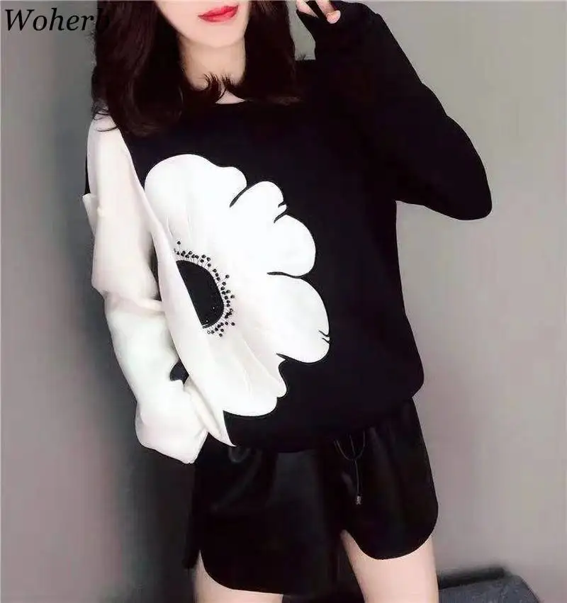  Woherb Korean Fashion New Hoodies Women O Neck Long Sleeve Contrast Color Sweatshirt Casual Loose L