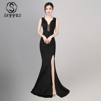 

Skyyue Evening Dress 2019 Sexy V-Neck Sleeveless Tank Women Party Dresses Solid Empire Formal Mermaid Robe De Soiree C238
