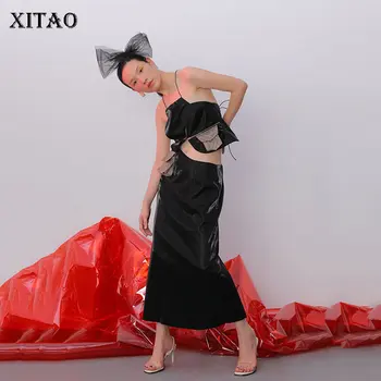 

XITAO Sexy Sling Hollow Out Pocket Midi Dress Silky Slim Slash Neck Irregular Fashion Individuality Women Clothes 2019 WQR2014