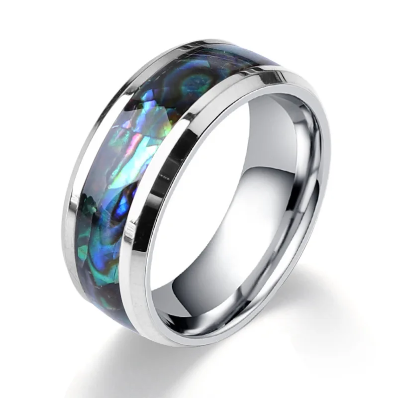 Fine jewelry 8 Mm inlaid Abalone Shell beveled steel Tungsten Carbide Ring Wedding Valentine gift | Украшения и аксессуары