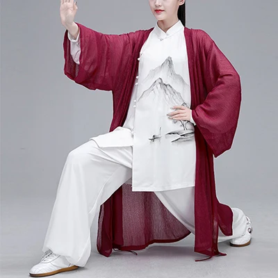 Женский Hanfu Taiji наборы одежды костюм Тан кунг-фу изысканный элегантный тай-чи из трех предметов одежды боевых искусств шаль чернильная живопись - Цвет: Dark Red