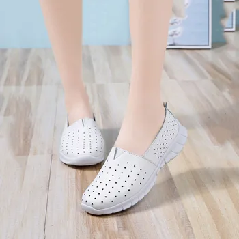 

Leather Flat Shoes Women Spring And Autumn Shoes Lady Loafers Breathable Soft Hollow Female Shoes