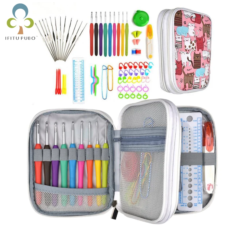 

Aluminium Crochet Hooks Knit Colorful Crochet Needle Set Sweater Knitting Needls Set DIY Clothes Scarf with Cute Cat Bag GYH