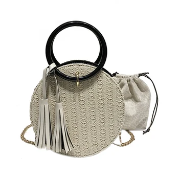 

Women Handmade Round Beach Shoulder Bag Circle Straw Bags Summer Woven Rattan Handbags Women Messenger Bags(white)
