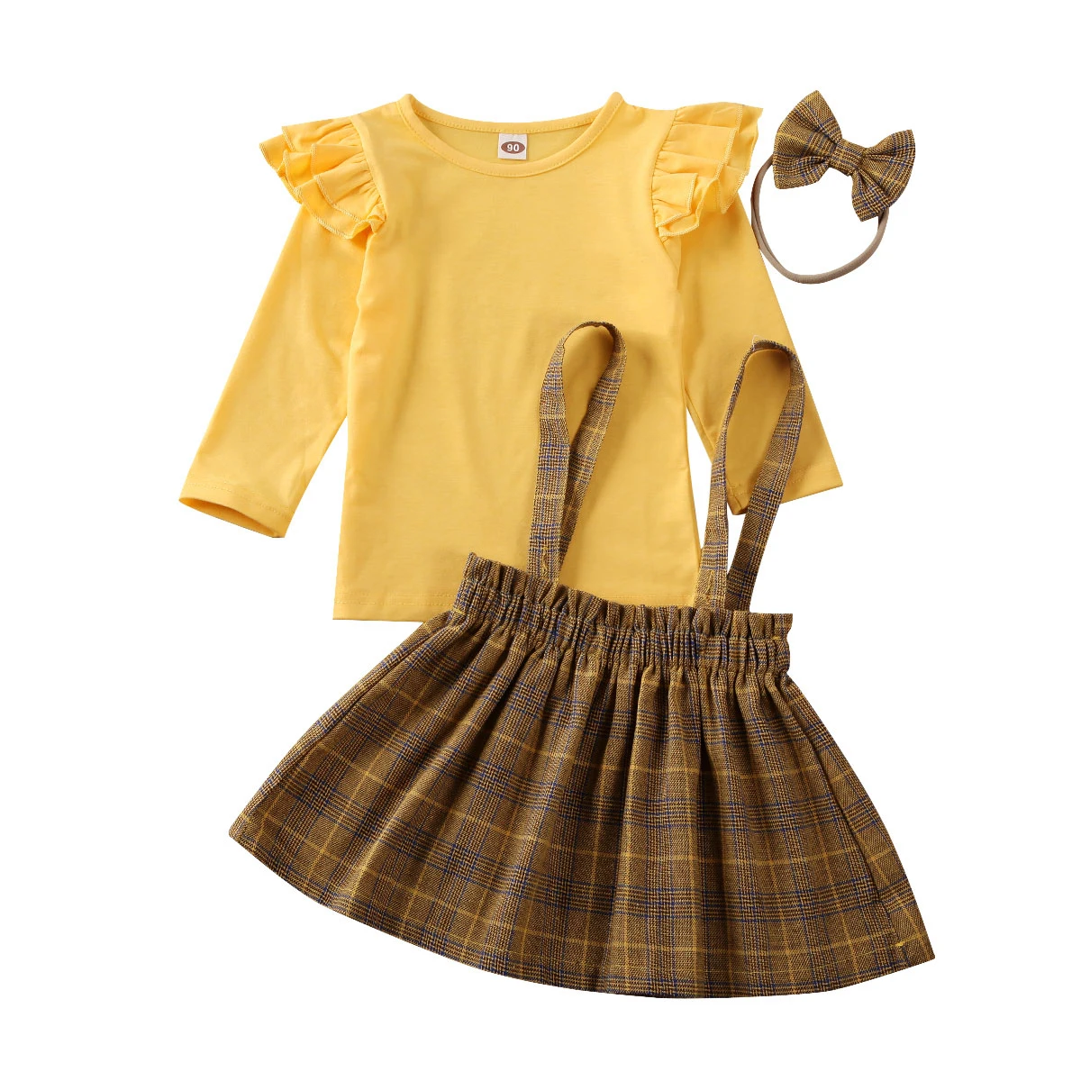 Эксклюзивная Одежда для девочек коллекция года, одежда для маленьких девочек топы с длинными рукавами и оборками+ клетчатое платье на лямках+ повязка на голову, комплект одежды из 3 предметов - Цвет: Цвет: желтый