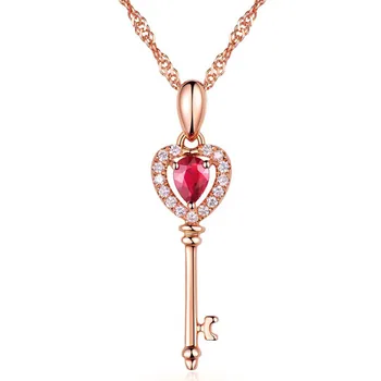 

Small Key ruby crystal pendant necklaces for women girl red gemstones 14k rose gold tone jewelry fashion party gift sweet bijoux