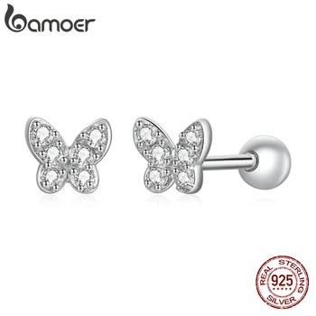 bamoer 925 Sterling Silver Cute Butterfly Stud Earrings, Handmade 5mm Dainty CZ Platinum Plated Hypoallergenic Earrings SCE1116