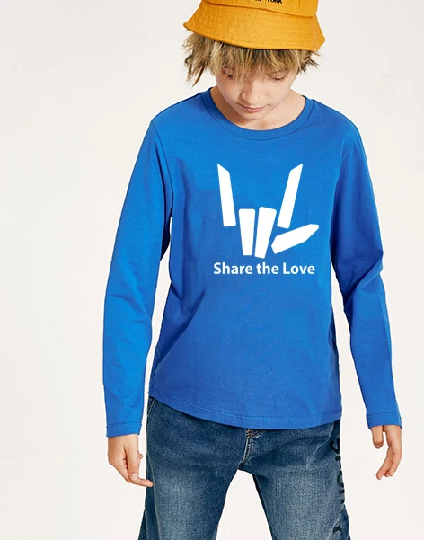 Новинка года; модные детские футболки с надписью «Share The Love»; футболка с длинными рукавами и круглым вырезом для мальчиков модные мягкие футболки в уличном стиле для девочек