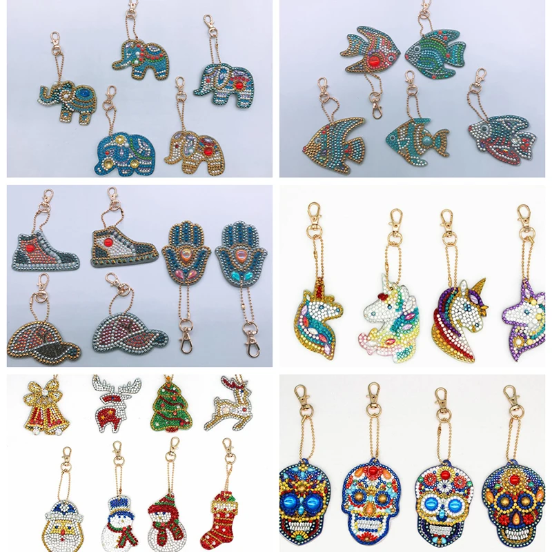 

new DIY key Full Drill Diamond Painting Elephant fish Unicorn skull animal Cartoon Keychain Key Double Sided Christmas gifts