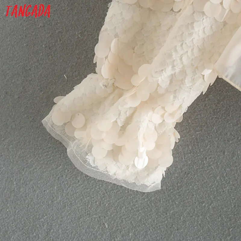 Tangada Женская Сексуальная расшитая блестками блузка с оборками модная сетчатая Лоскутная прозрачная рубашка с длинным рукавом женские шикарные топы CE219