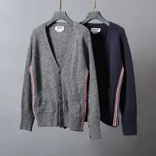 Модные брендовые мужские свитера TB Tom, приталенные кардиганы с v-образным вырезом, одежда в полоску, хлопок, шерсть, Толстое Зимнее повседневное пальто для мужчин