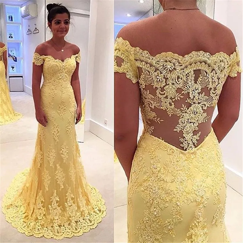Picture Color Vestido развертки поезд красочные Русалка с плеча кружева желтое платье для выпускного индивидуальный заказ аппликация Формальные Вечерние платья для гостей честь - Цвет: Picture Color