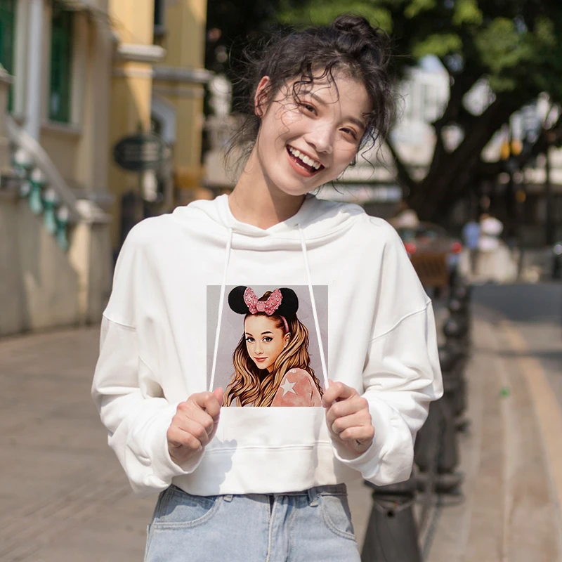 902-Ariana Grande-4 Kpop Модная белая толстовка Ариана Гранде kawaii с кошачьими ушками и капюшоном женские толстовки harajuku женские толстовки повседневные хлопковые короткие топы - Цвет: 902-Ariana Grande-4