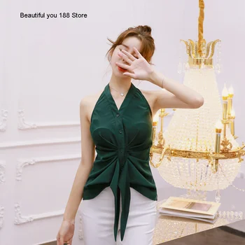 

Summer new 2020 women's elegant hanging neck V-neck open back sleeveless pleated irregular top 1369