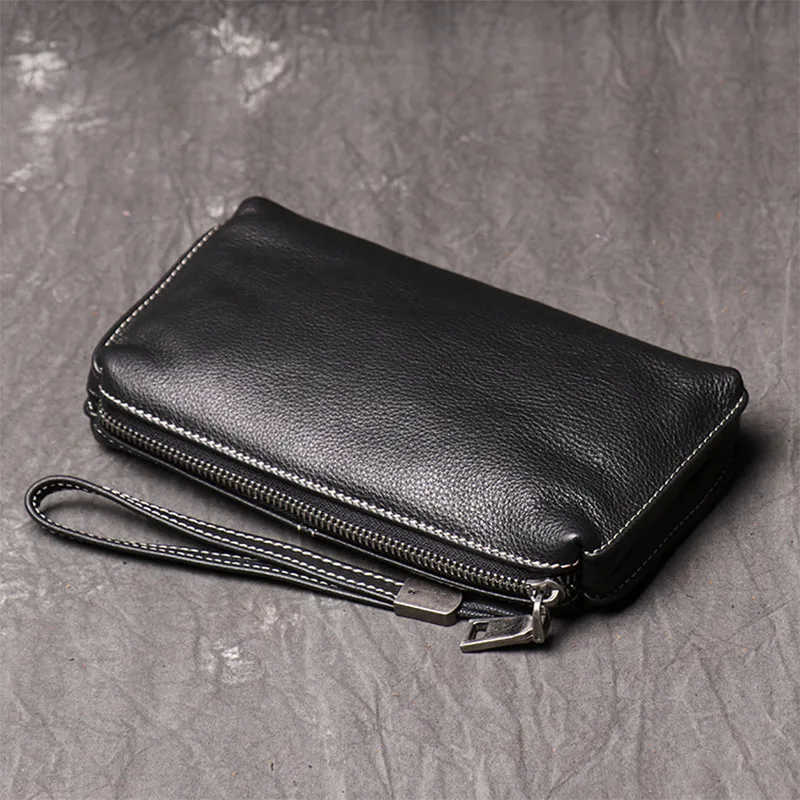 Men Genuine Leather Business Hand Phone Clutch Wallet Black Male Real Leather Handbag Men's Wrist Bag Large Coin Bag Purse