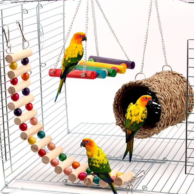 Bolas de colores colgantes para pájaros mascotas, juguete de escaleras de loros de columpio con campanas de pájaro de madera naturales, 3 uds. _ - AliExpress Mobile