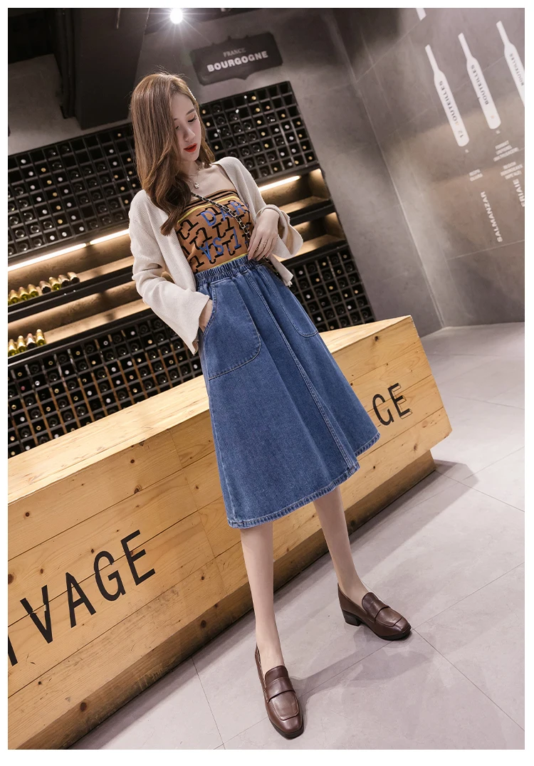 TingYiLi винтажные джинсовые юбки женские с большим карманом и эластичной резинкой на высокой талии а линия миди юбка джинсы корейского стиля юбка плюс размер