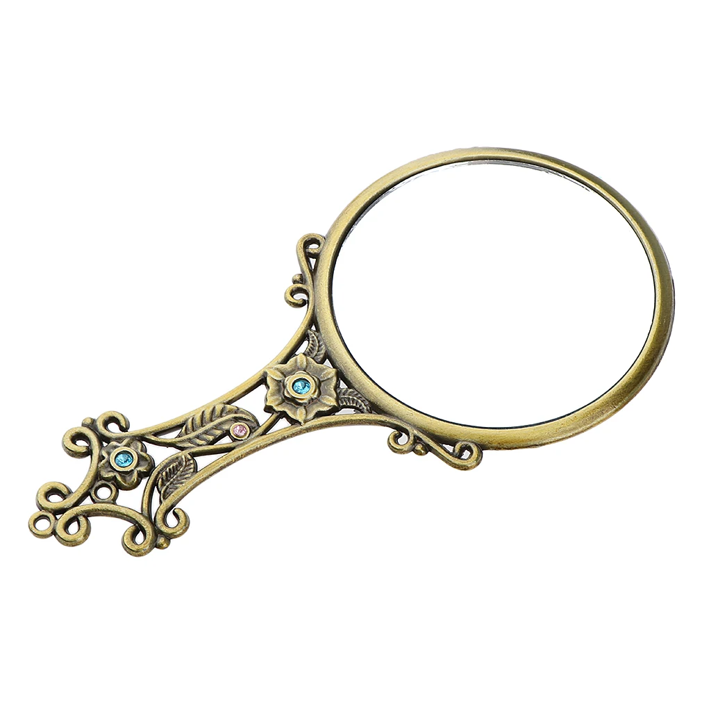 Portable Vintage Hand Held Mirror Travel Compact Makeup Beauty Mirrors Pocket-Sized Metal Glass Mirror Vanity Dresser Decor