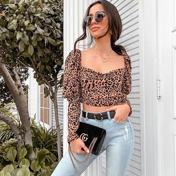 

Women Casual Blouse Sexy Long Puff Sleeve Blouse Slim Stretch Leopard Print Shirt Short Tops