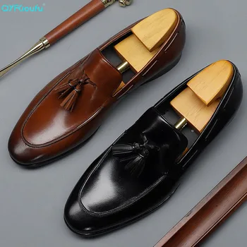

QYFCIOUFU Genuine Leather Men Dress Shoes Quality Men Formal Shoes Tassel Men Business Oxford Shoes Brand Men Wedding Shoes