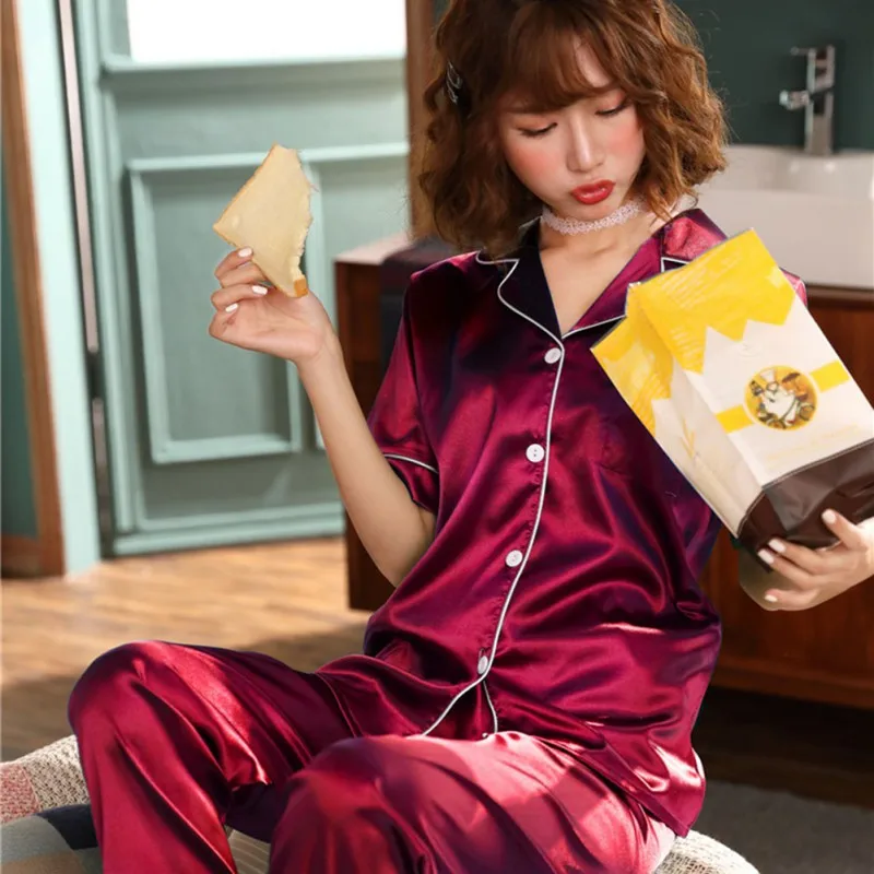 

Plus Size Female Sexy Sleepwear Two Piece Set Silk Satin Pijama Suit Loungewear Womens Pyjamas Set Short Sleeve Sleepwear