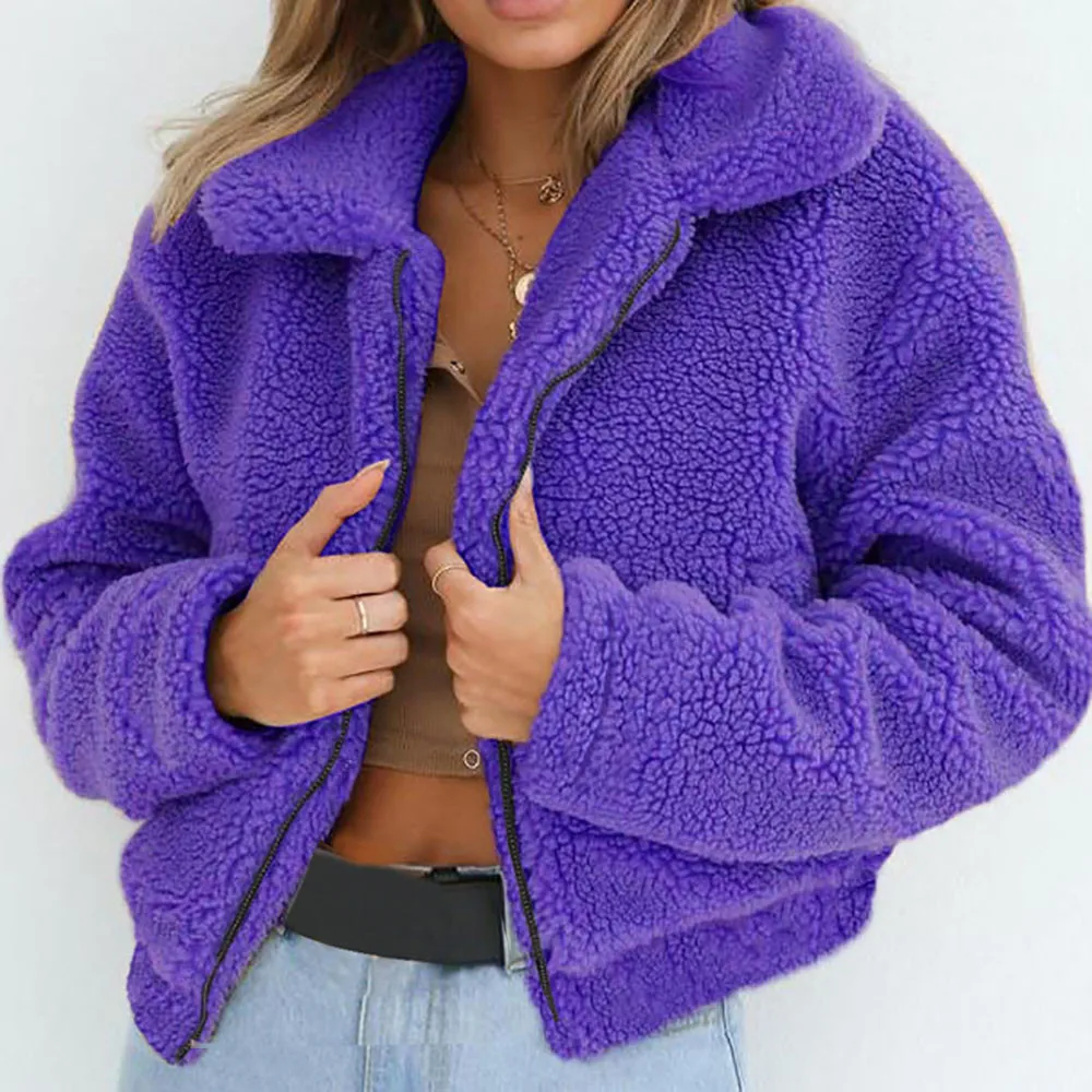 30# размера плюс, зимнее теплое пальто для женщин, повседневное, отложной воротник, флисовая плюшевая куртка, пальто для девушек, уличная короткая верхняя одежда