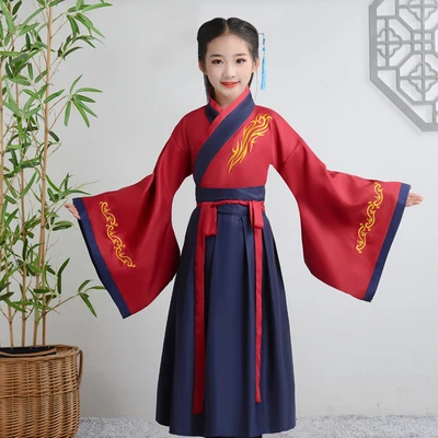 Red-Girl-BigSleeve Костюм династии Мин Цин в древнем китайском стиле с вышивкой для мальчиков и девочек, красный и синий цвета - Цвет: Red-Girl-BigSleeve