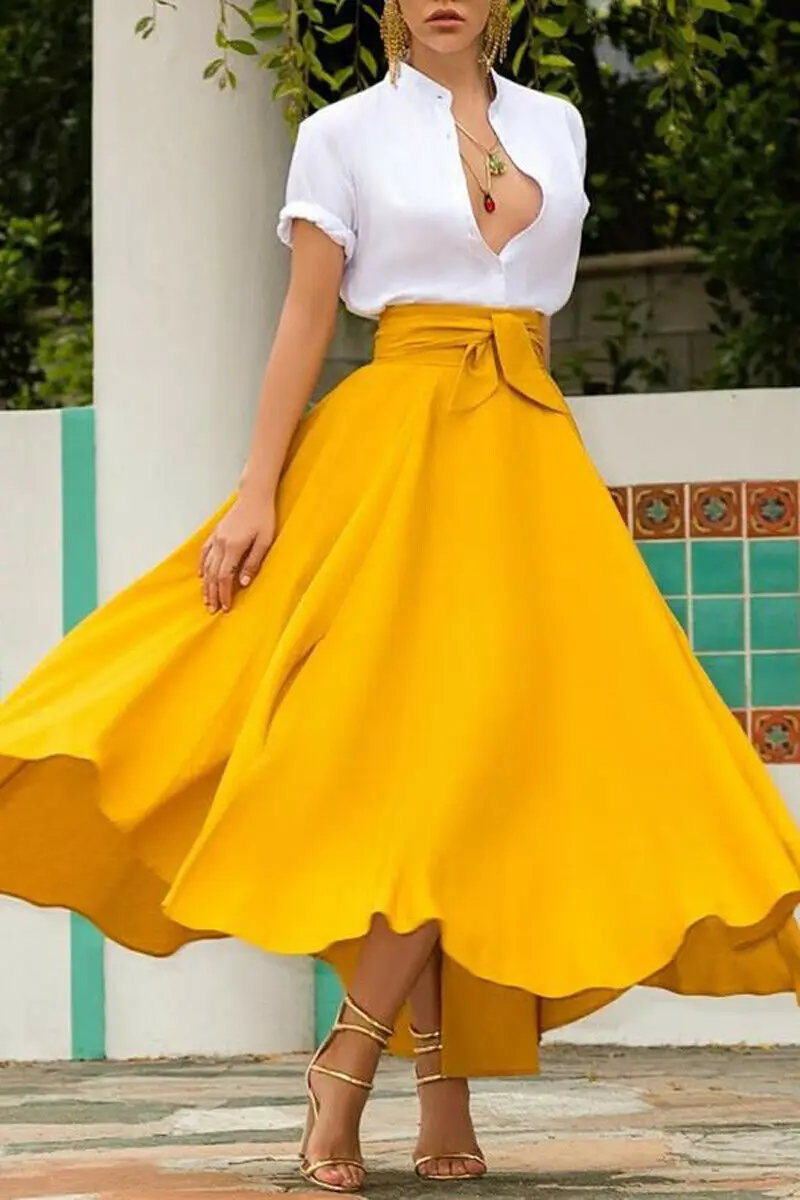 Women's Solid Color High Waist A Line Skirt Fashion Slim Waist Bow Belt Pleated Long Maxi Skirts Red Orange Yellow - Цвет: Цвет: желтый