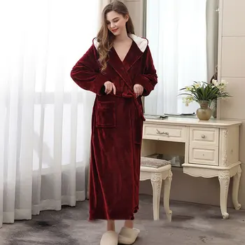 

Dressing Gown Ladies Long Sleeve Women Robe Thickened Daily With Pocket Home Elegant Solid Autumn Winter Hooded Warm V Neck