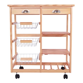 

Kitchen & Dining Room Cart 2-Drawer Removable Storage Rack with Rolling Wheels - Wood Color